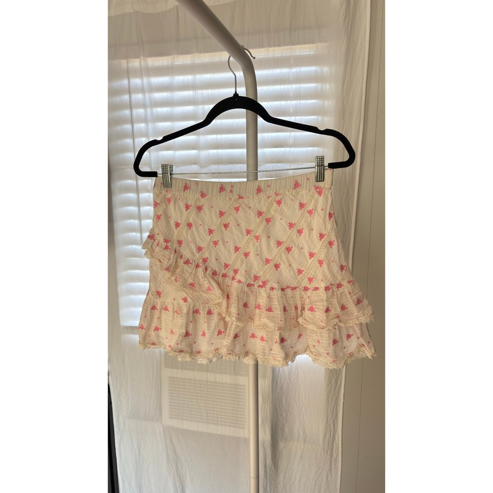 $245 LoveShackFancy Ruffle Mini Skirt Pink Hearts Lace Trim White Cotton L